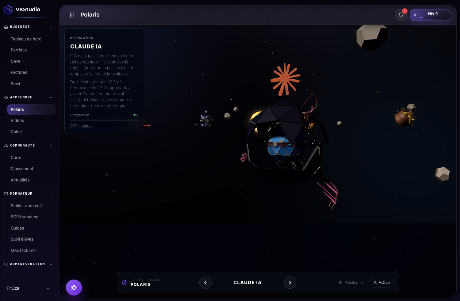 Polaris, le parcours de formation gamifié de l'intranet VK Studio : une planète 3D par module, progression par niveaux